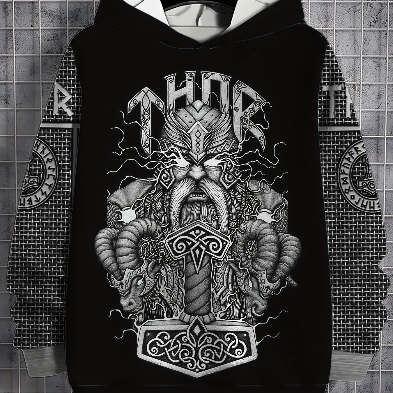 

-themed Graphic Hoodie - Casual Polyester 100 Neck Sweatshirt With Stretch, Norse Mythology Print, Regular Fabric For Spring/fall - Unisex Fashion Hooded Pullover