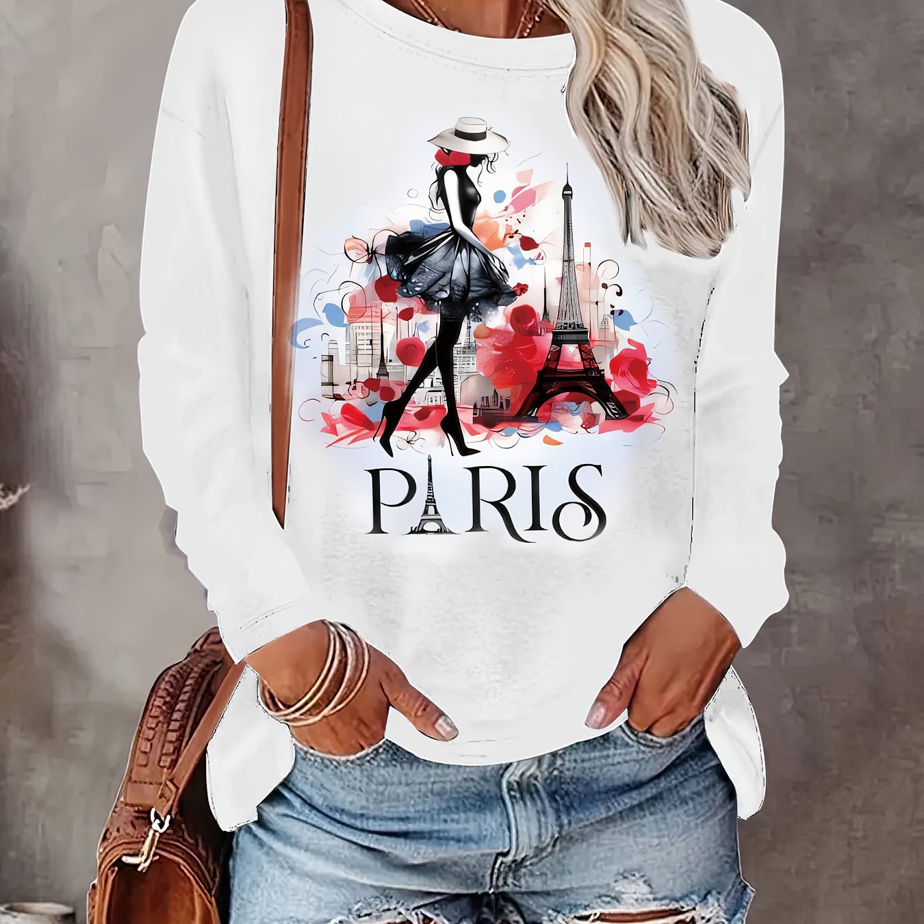 

Chic Parisian Long Sleeve Tee - Breathable & Comfy Crew Neck Top For Women, Fall/winter