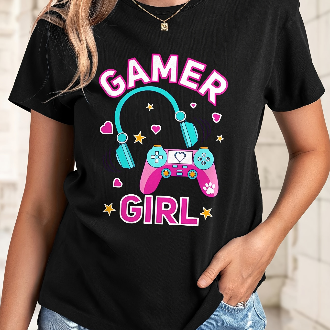 

Cool Gamer Girl Print Round Neck T-shirt, Casual Stretch Short Sleeve Sport T-shirt, Women's Clothing
