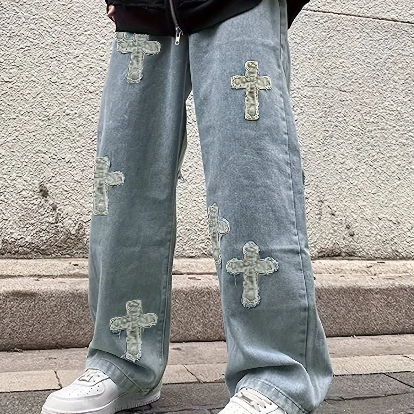 

Y2k Men's Cross Pattern Baggy Jeans, Casual Street Style Loose Fit Jeans