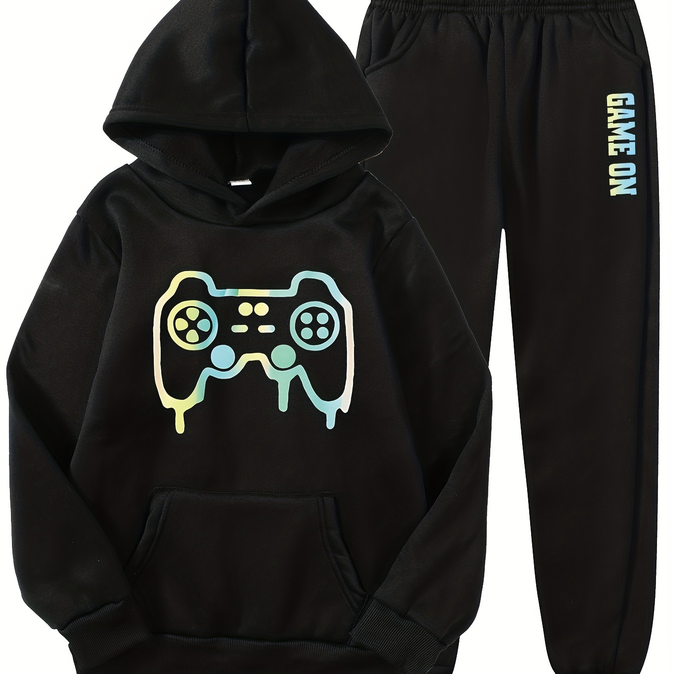 

2 Pieces "game On" Print Jogger Pants Gamepad Graphic Hooded Sweatshirt Long Sleeve Hoodies For Spring And Summer, Sports