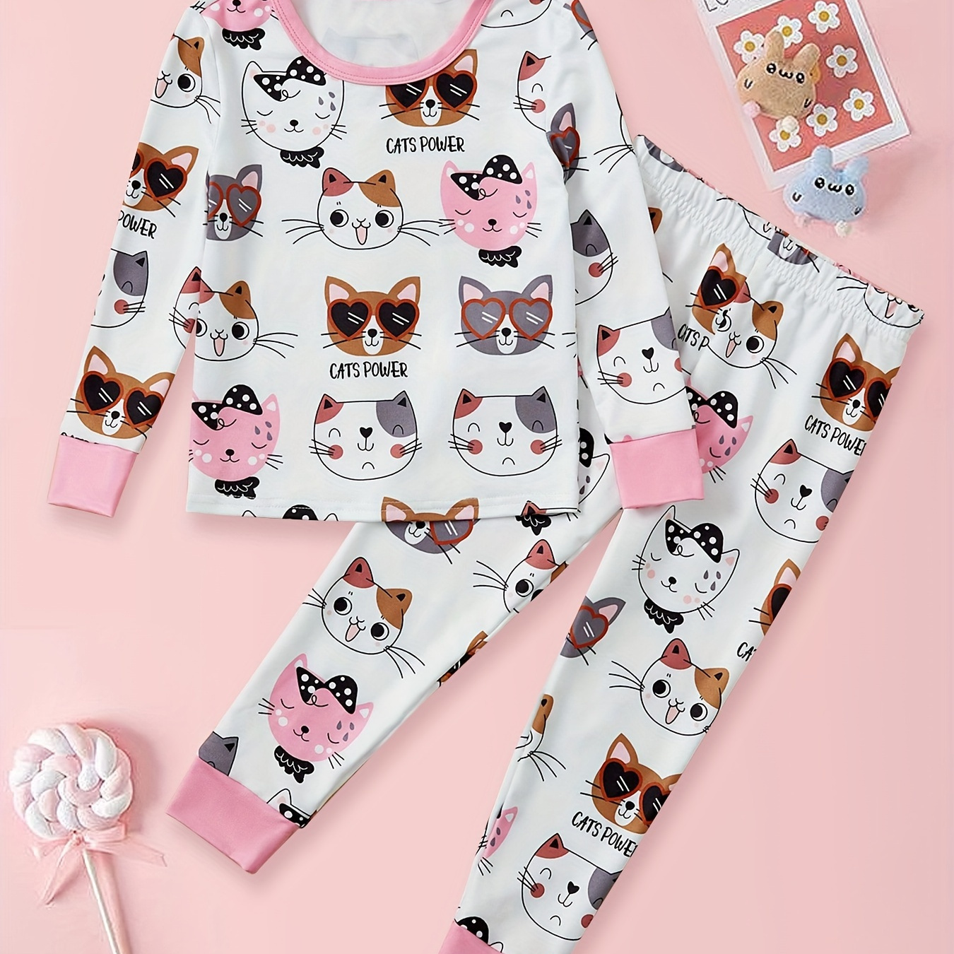 

Toddler %& Kid Girls Cute Cartoon Kitten Print Pajamas Set - Long Sleeve Top & Pants Set, Fashion Pattern Comfy Pj Set, Girl's Loungewear Clothing