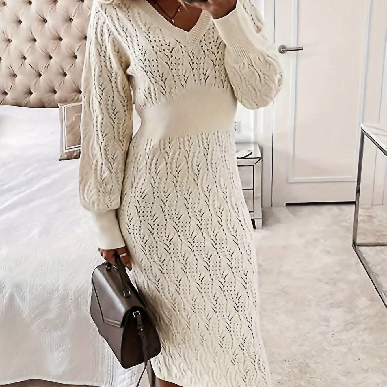 

Pointelle Knit Long Sleeve Dress, Solid Color V Neck Cinched Waist Dress, Women's Clothing