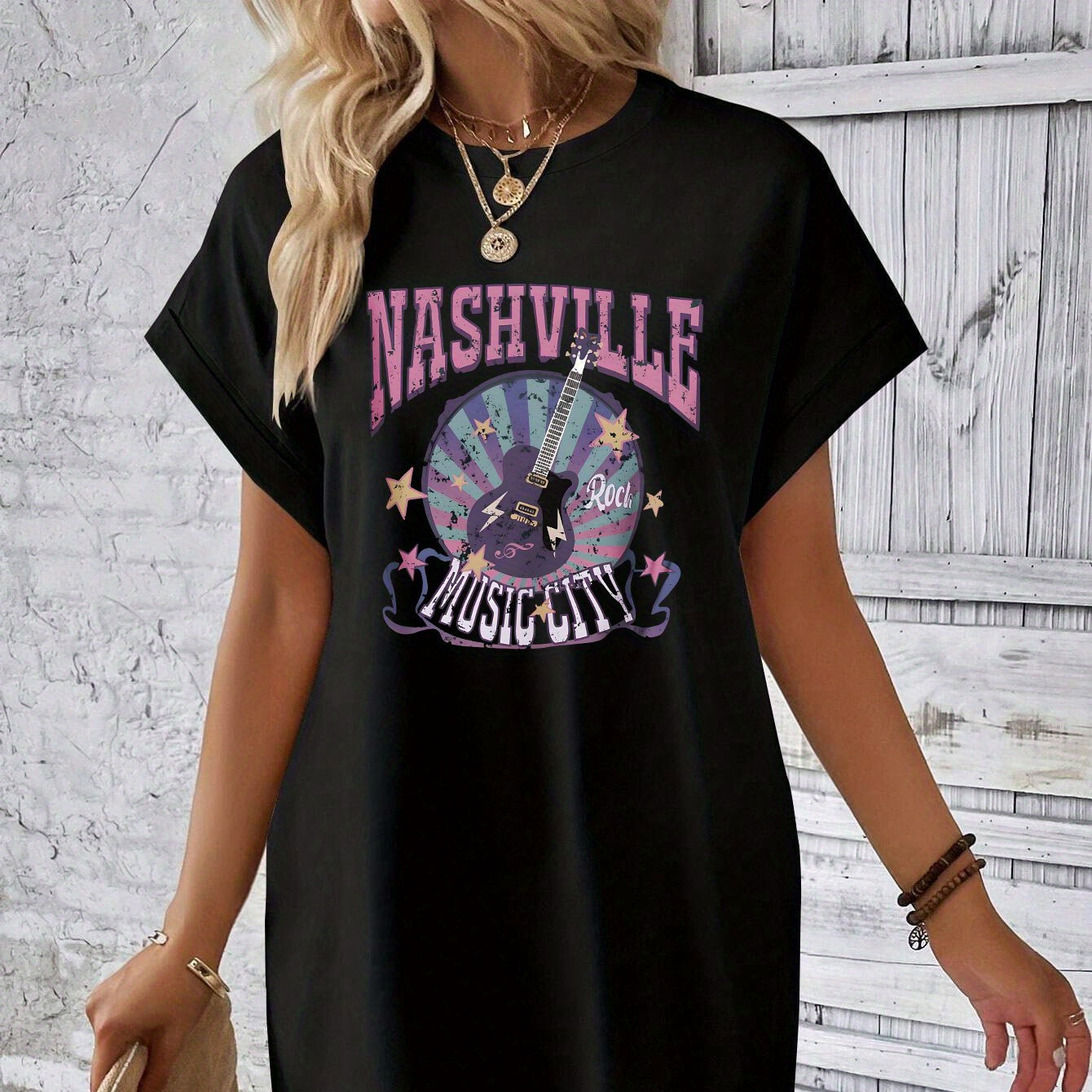 

Guitar Print Tee Dress, Short Sleeve Crew Neck Casual Dress For Summer & Spring, Women's Clothing