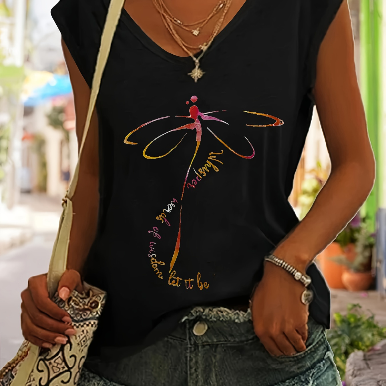 

Dragonfly Print V-neck Tank Top, Casual Sleeveless Top For Spring & Summer, Women's Clothing