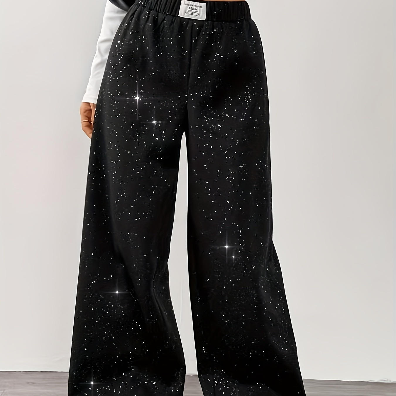 

Women's Casual Starry Print Wide Leg Pants, 96% Polyester 4% Elastane, Knit Fabric, Loose Fit, Long Length, No Belt, Spring/summer Fashion, 230g/m² - Adult Weekend Wear