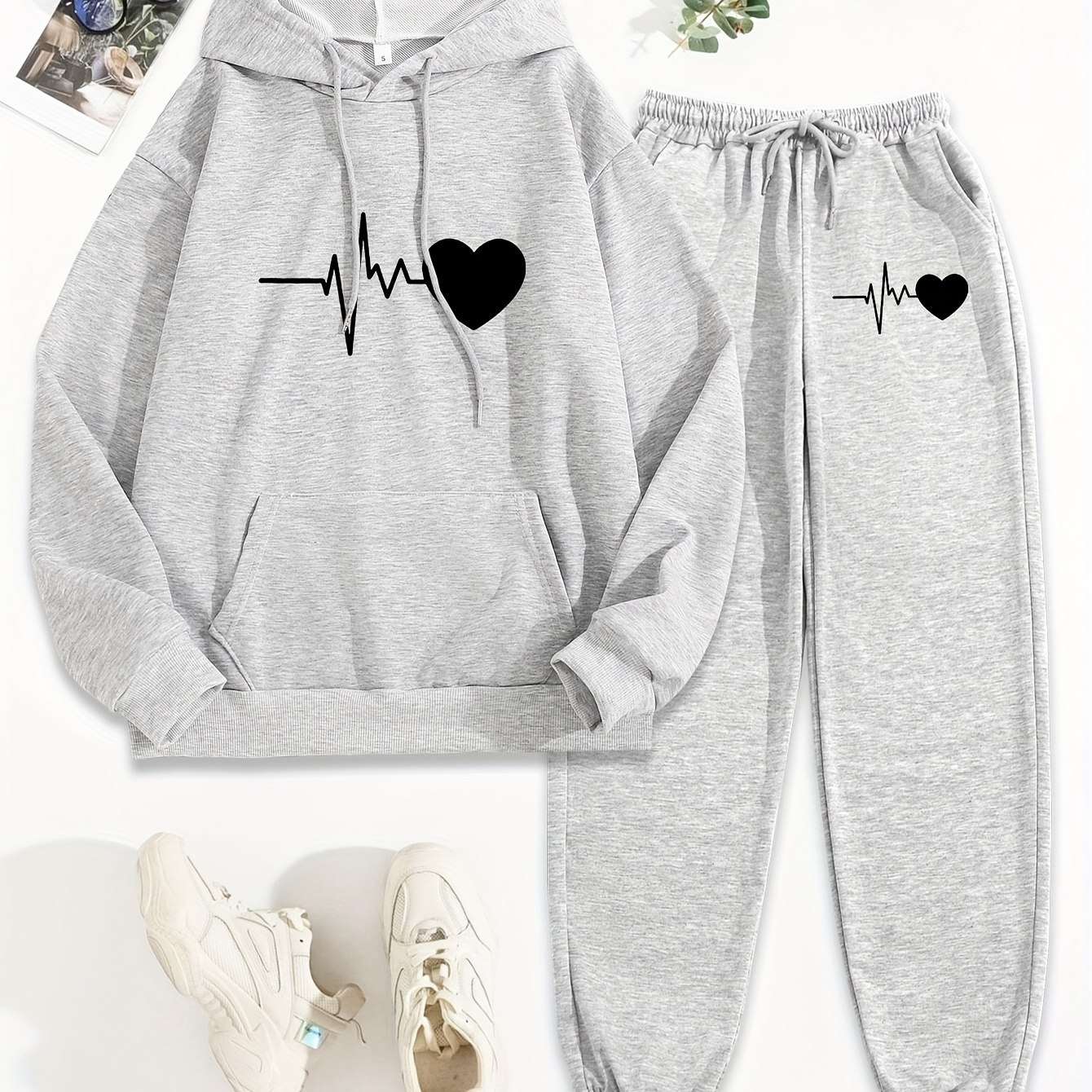 

Women's Casual Polyester Tracksuit Set - Hooded Long Sleeve Hoodie With Pocket & Drawstring Pants, Knit Heartbeat Print Loungewear Outfit For Fall/winter