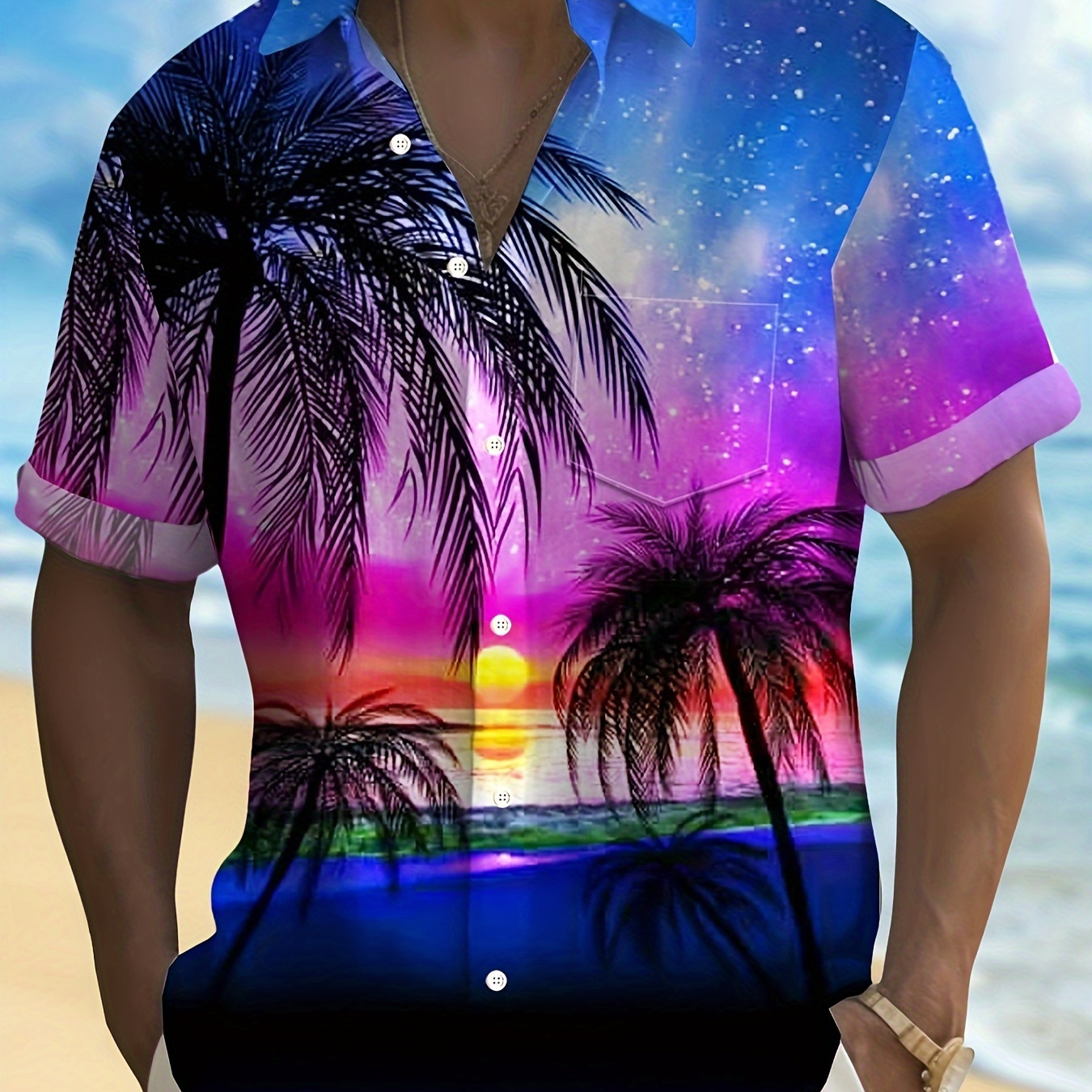 

Plus Size Men's Coconut Tree Sunset Landscape Patter Hawaii Button-down Shirt, Holidays Casual Tops