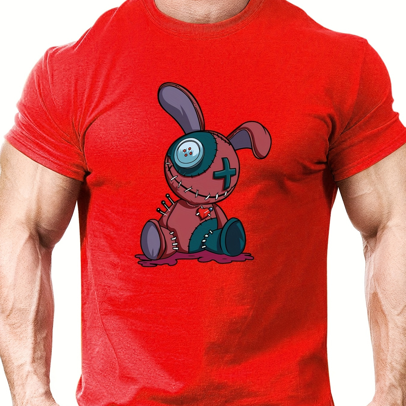 

Toy Rabbit With Stitches, Men's Casual Mid Stretch Crew Neck Graphic Tee, Male Clothes For Summer