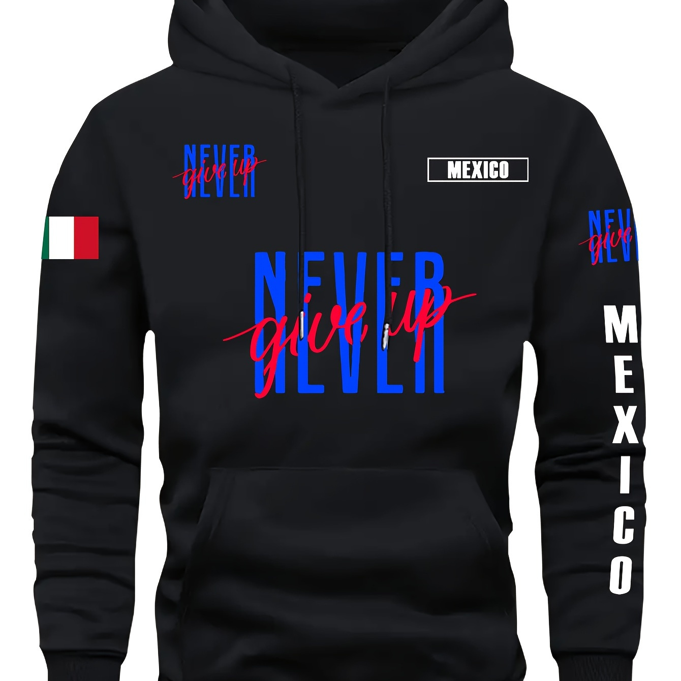 

Never Give Up Print Men's Hooded Sweatshirt, Casual Streetwear Fashion Long Sleeve Hoodie, Basic Top For Sports & Daily Wear