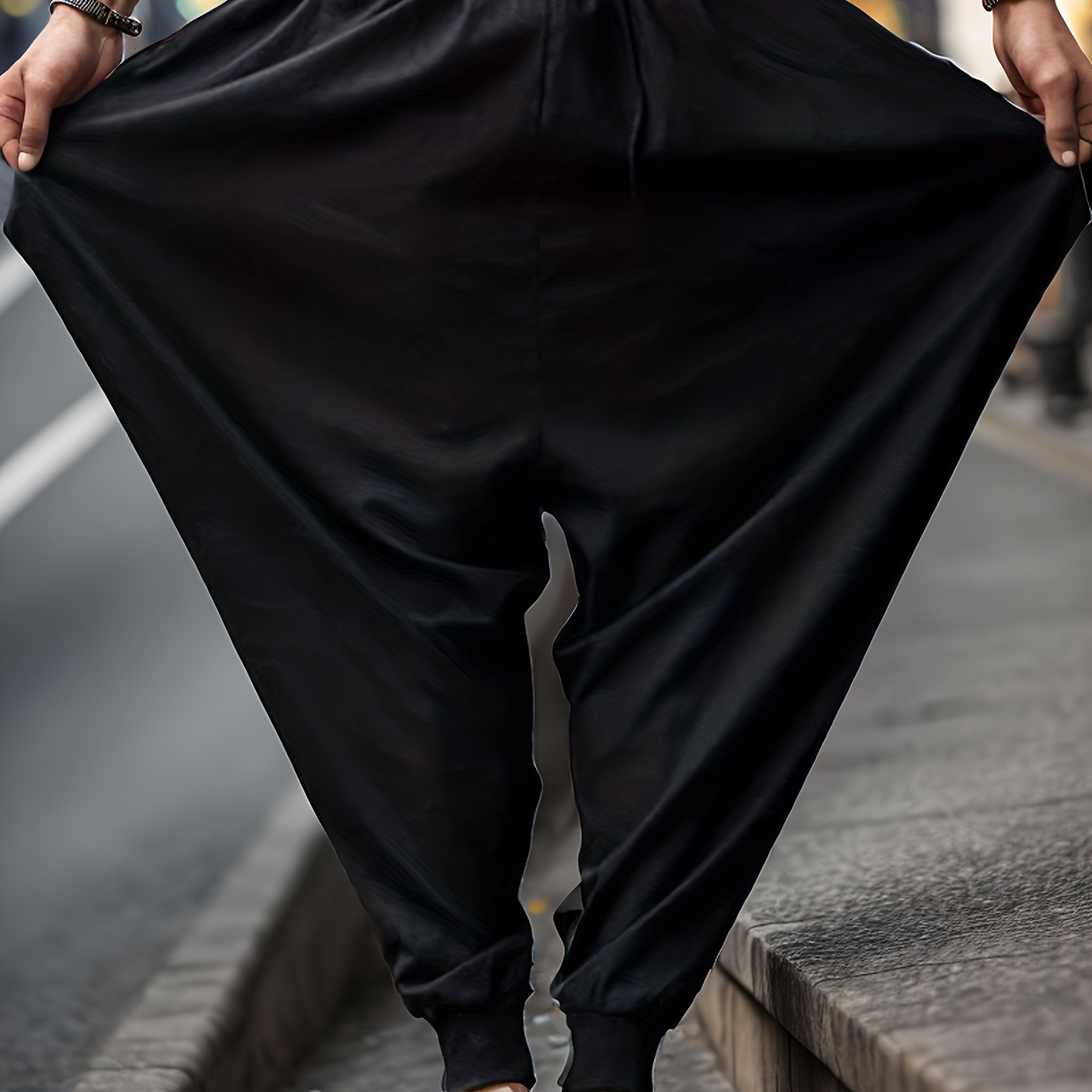 

Men's Solid Casual Loose Fit Trousers, Chic Comfy Drawstring Sports Harem Pants For Yoga Sports