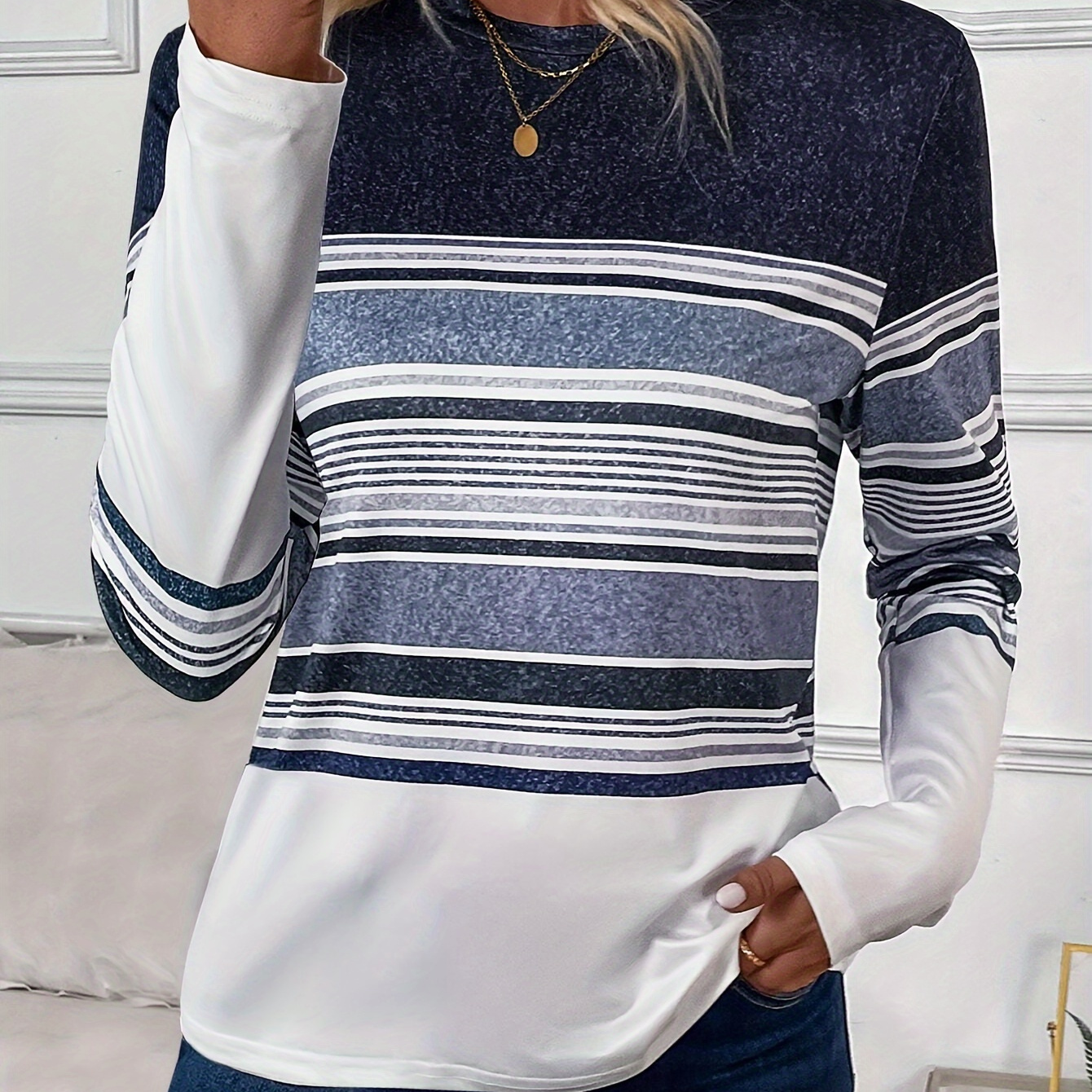 

Women's Casual Striped Long Sleeve T-shirt - Round Neck, Polyester , Machine Washable, Spring/fall