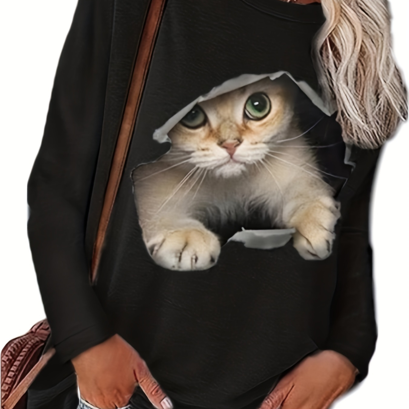 

Cute Cat Print Crew Neck T-shirt, Casual Long Sleeve T-shirt For Spring & Fall, Women's Clothing