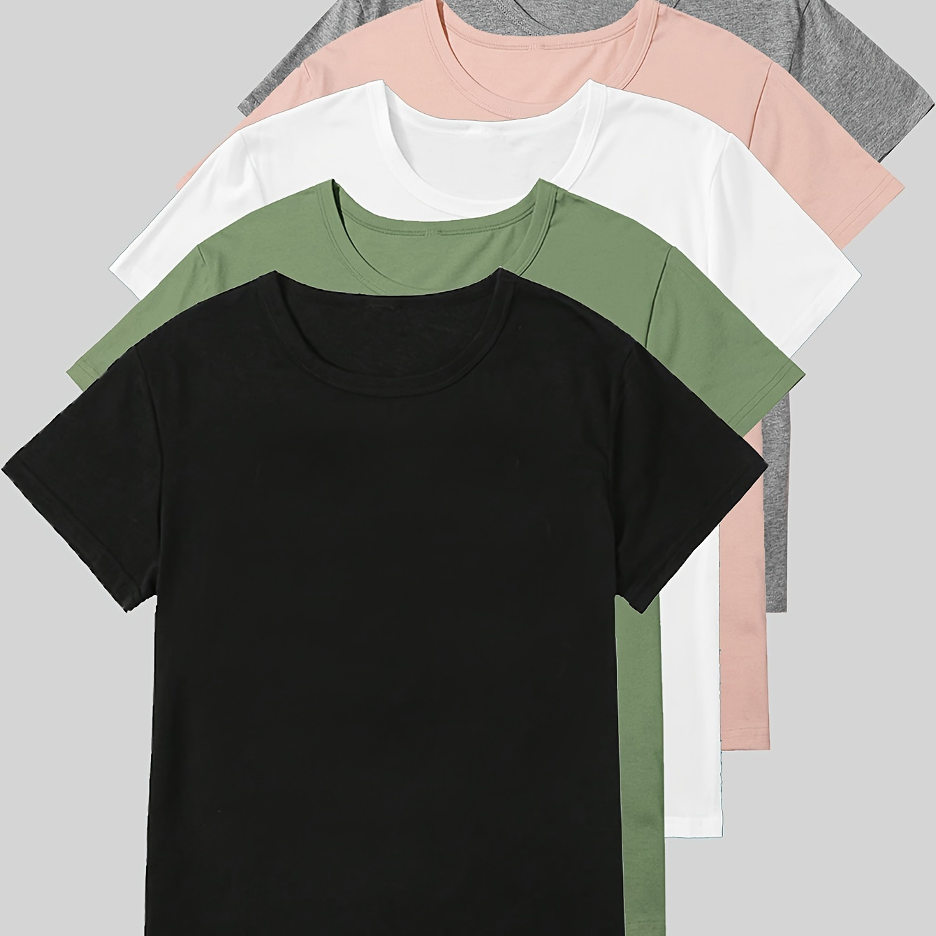 

T-shirt De Couleur Unie Grande Taille 5 Pièces, Haut Décontracté À Manches Courtes Et Col Rond Pour L'été Et Le Printemps, Vêtements Grande Taille Pour Femmes