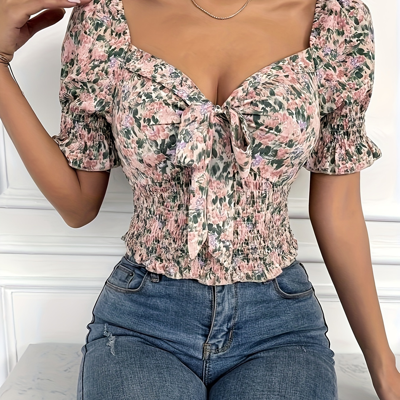 

Floral Print Bow Front Blouse, Casual Short Sleeve Top For Spring & Summer, Women's Clothing