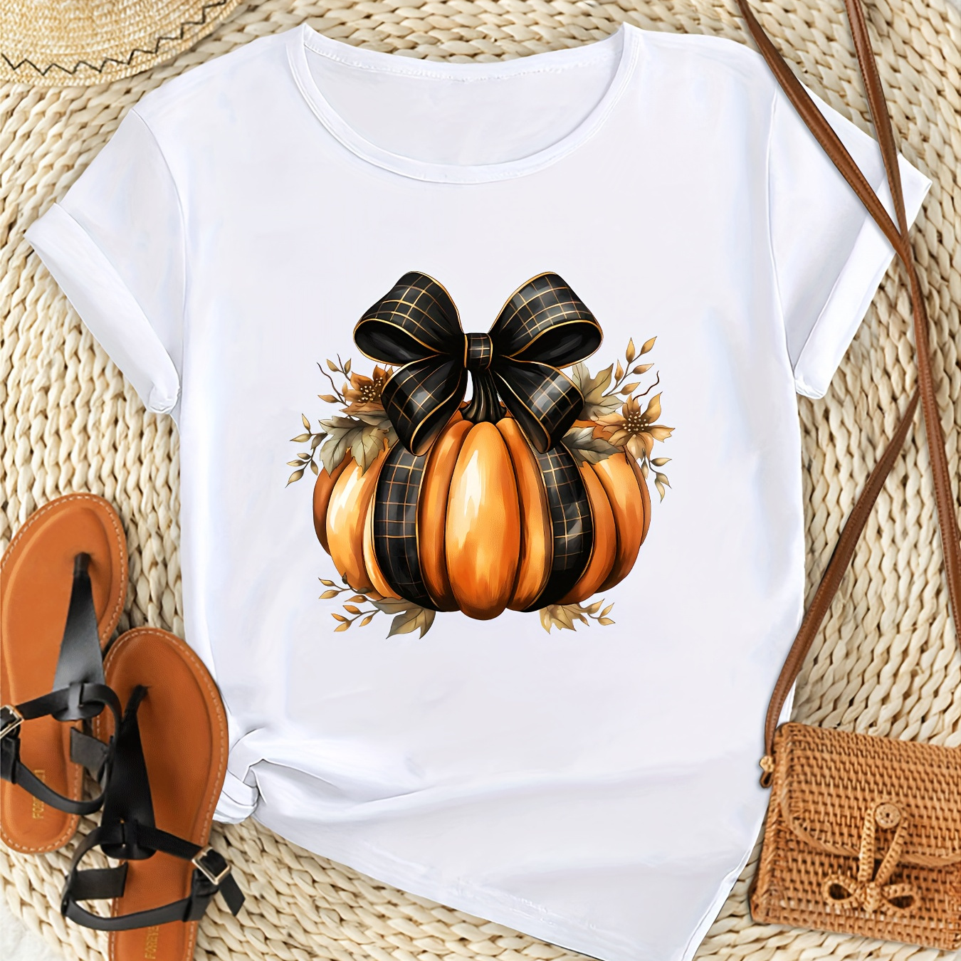 

Plus Size Casual Pumpkin Print T-shirt For Women, Round Neck, Short Sleeve, Loose Fit, Breathable And Soft Fabric, Versatile Summer Top