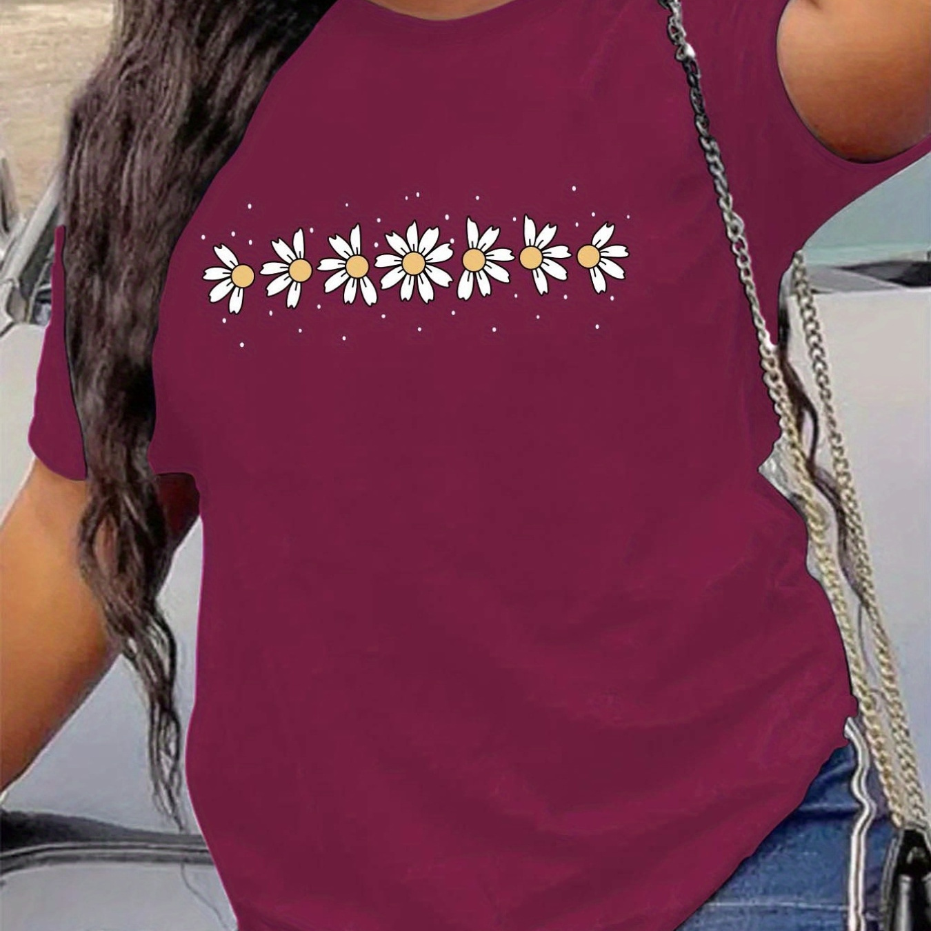

Plus Size Casual T-shirt, Women's Plus Flower Print Short Sleeve Round Neck Slight Stretch T-shirt