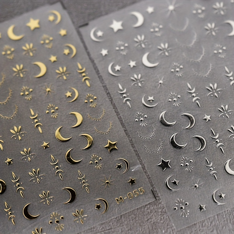 

Holographic Bronzing Silver Star Moon Pattern Nail Art Stickers - 5d Engraved Self-adhesive Decals For Women And Men - Resin Nail Charms For Manicure Decorations For Eid Ramadan