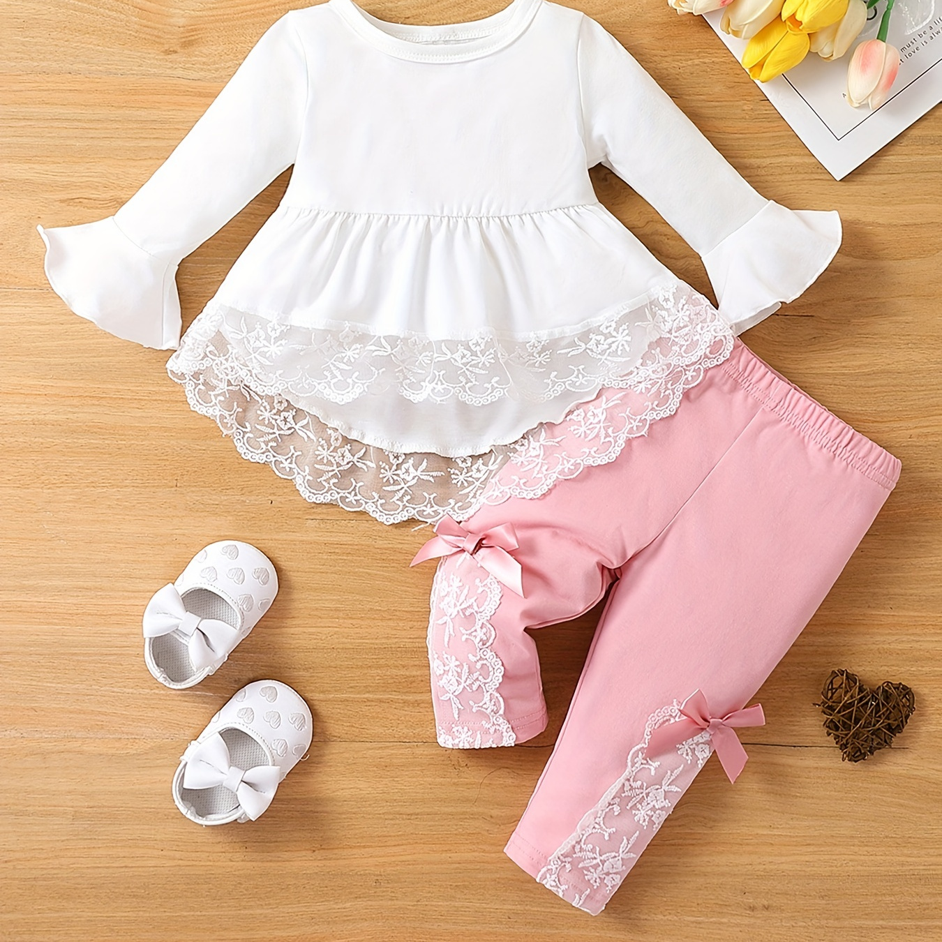 

Girls Sweet Lace Decor Irregular Hem Top With Flared Cuffs & Bowknot Pants Set, Toddler Baby's Outfits, Coquette Style