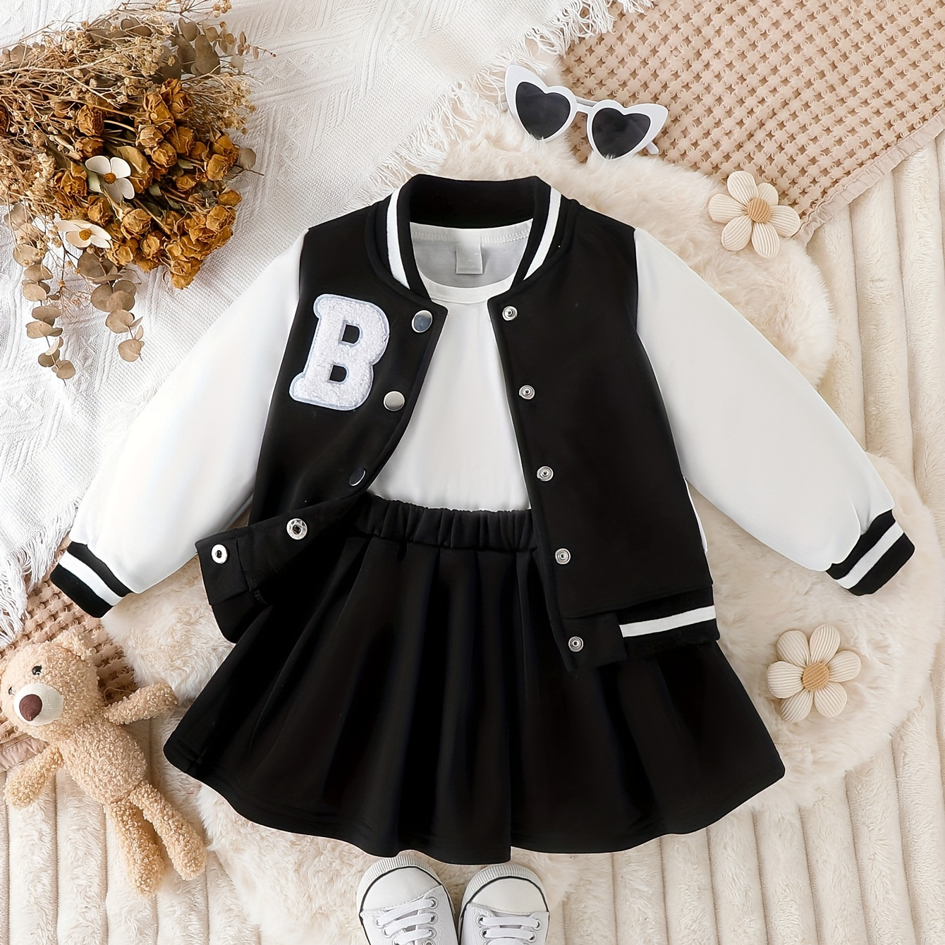 

Girl's 1 Set Cute Varsity Jacket + Skirt Co-ords Set, Back-school Season Comfy & Fashion Girls Fall/ Winter Outfit