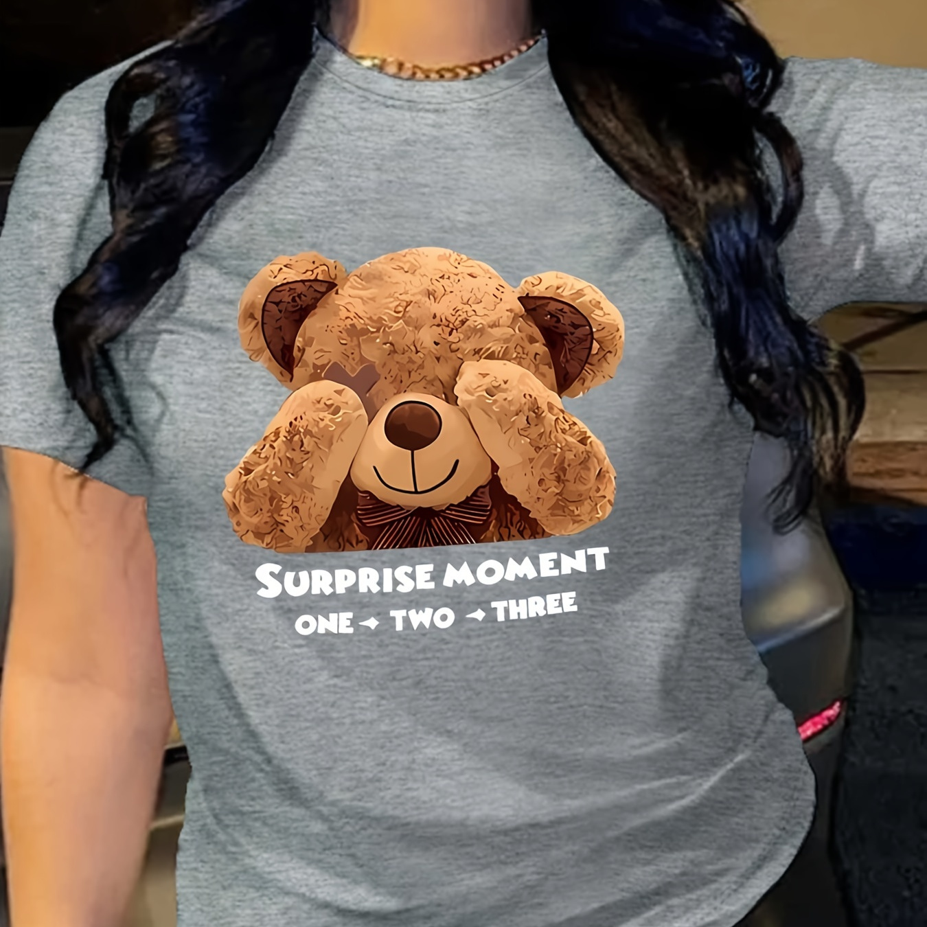 

Teddy Bear & Letter Print T-shirt, Casual Crew Neck Short Sleeve Top, Women's Clothing