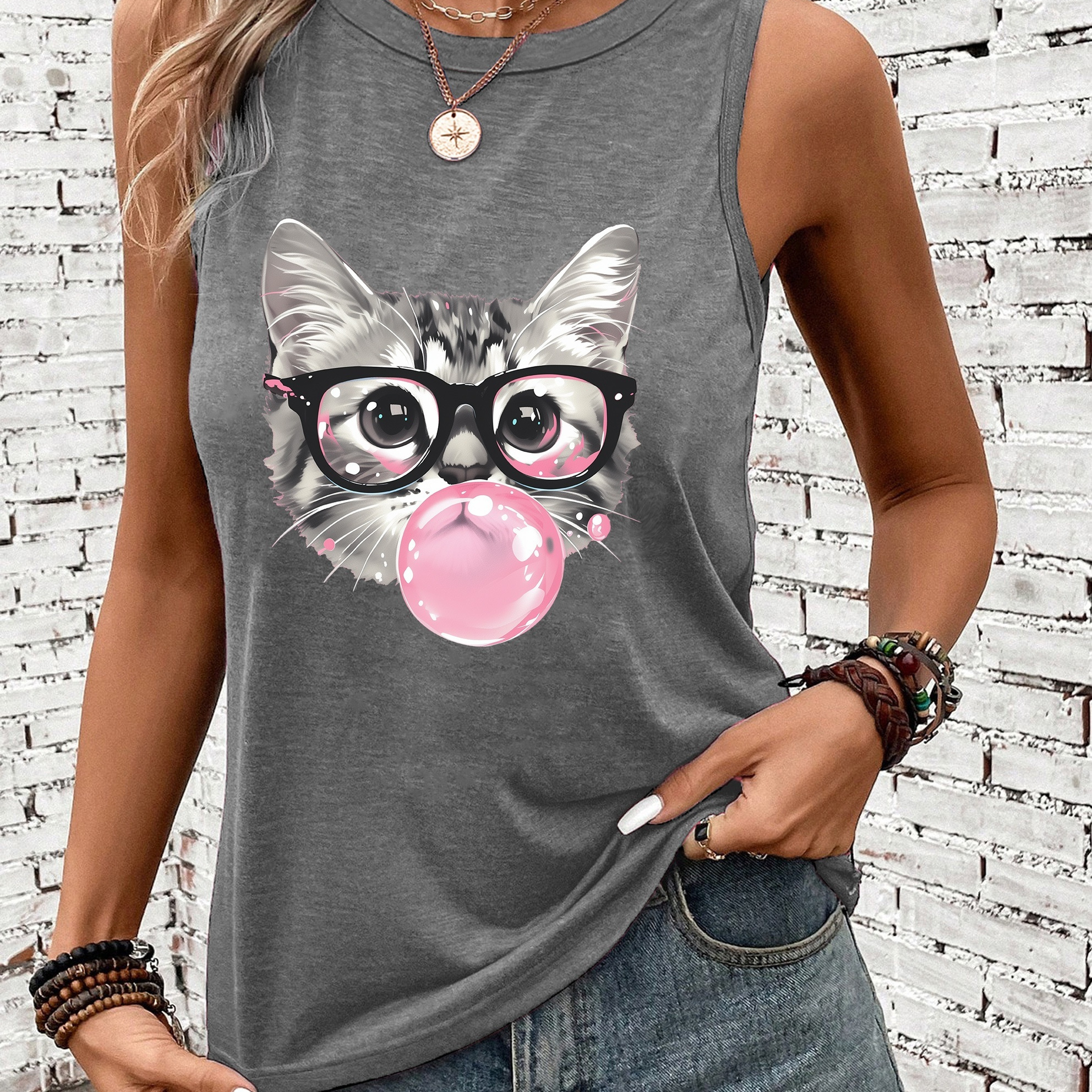 

Cat Print Tank Top, Sleeveless Casual Top For Summer & Spring, Women's Clothing