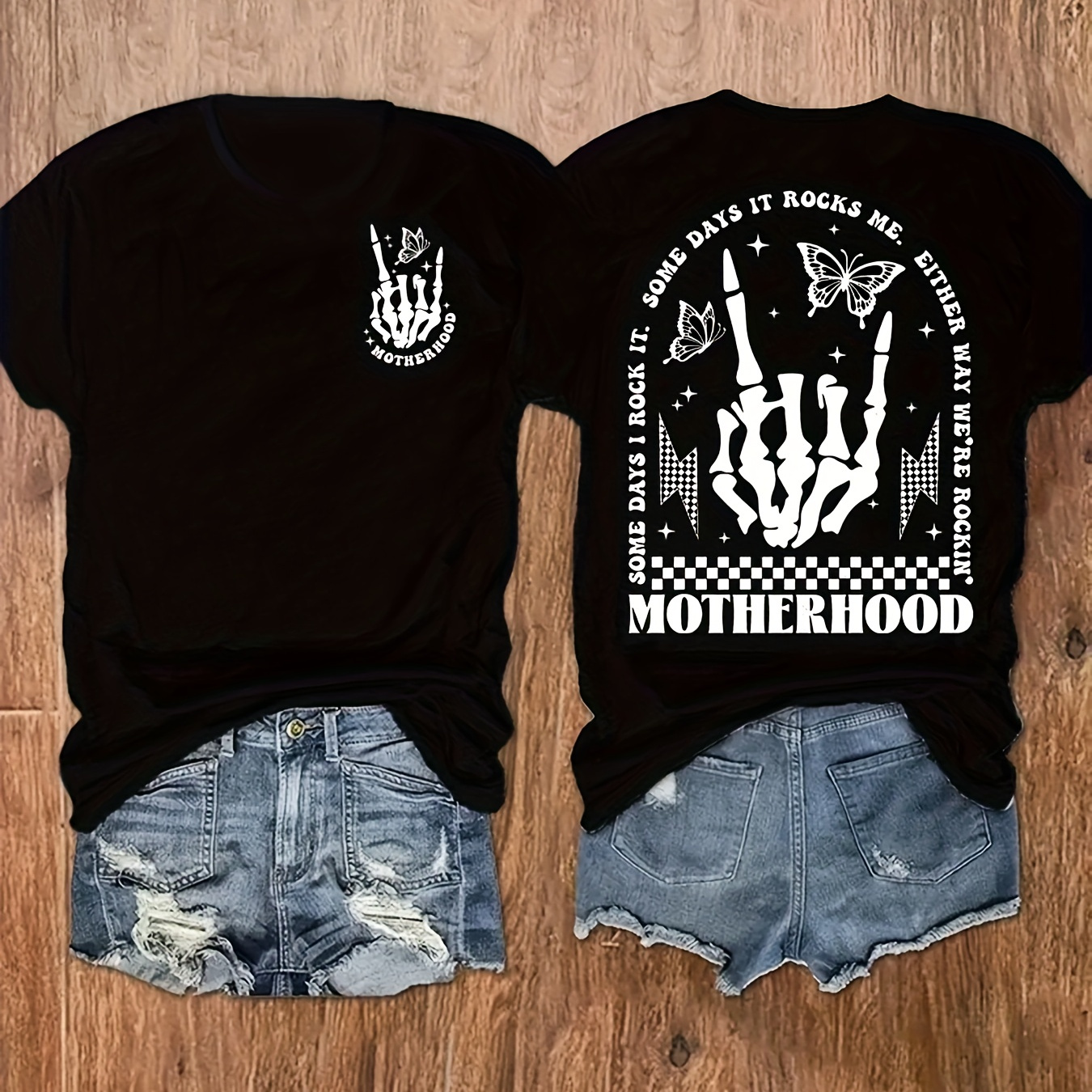 

Skull Hand & Butterfly Print T-shirt, Casual Crew Neck Short Sleeve Top For Spring & Summer, Women's Clothing