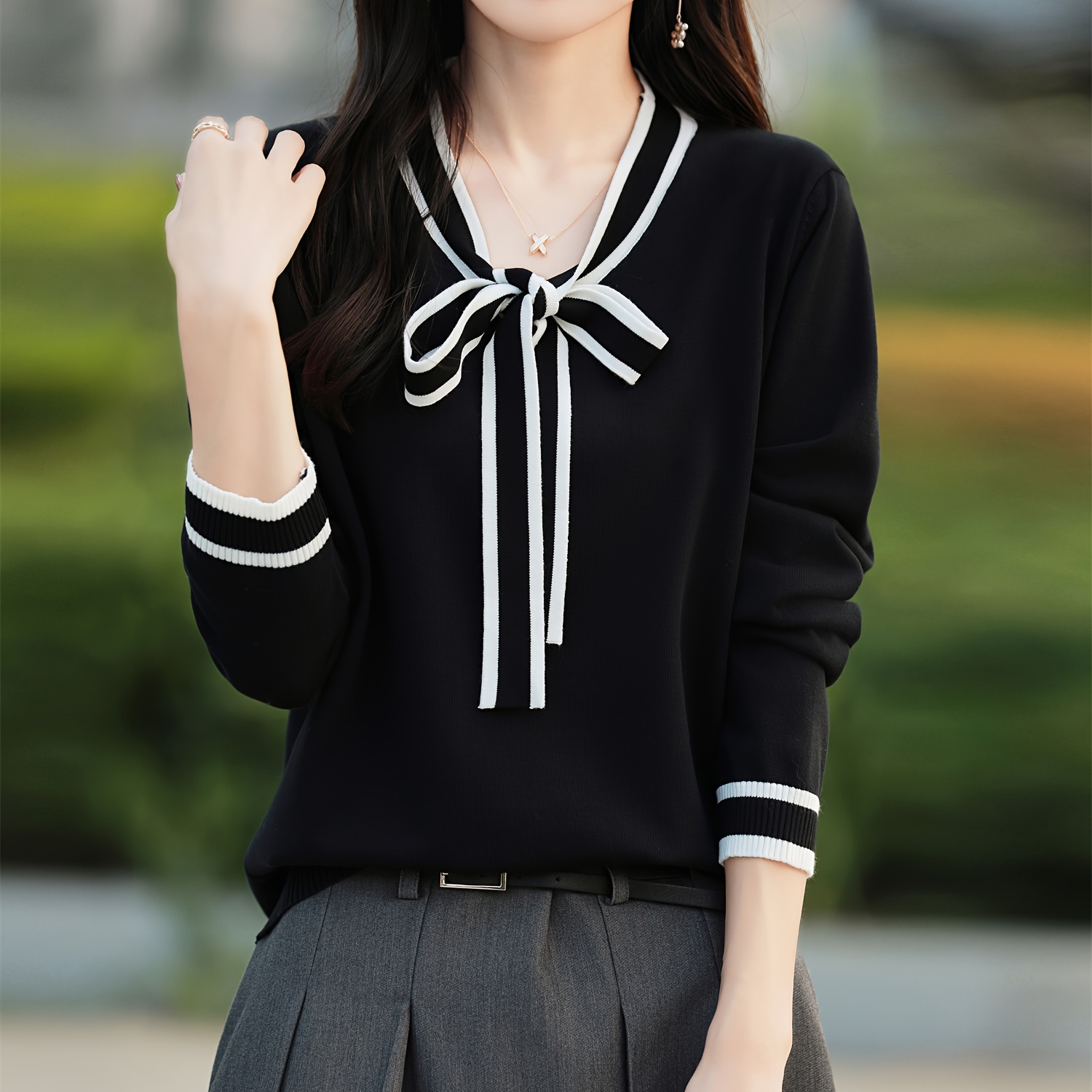 

Striped V- Tie - Long Sleeve, Top For Women
