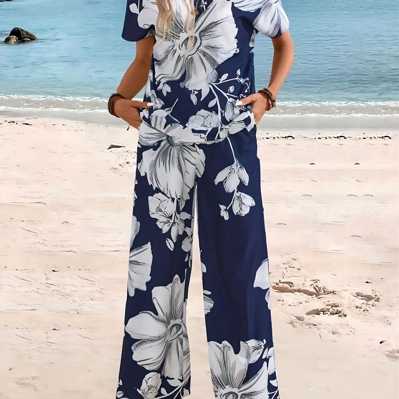 

Floral Print Casual Pantsuits, Short Sleeve Crew Neck Top & Wide Leg Pants Outfits, Women's Clothing