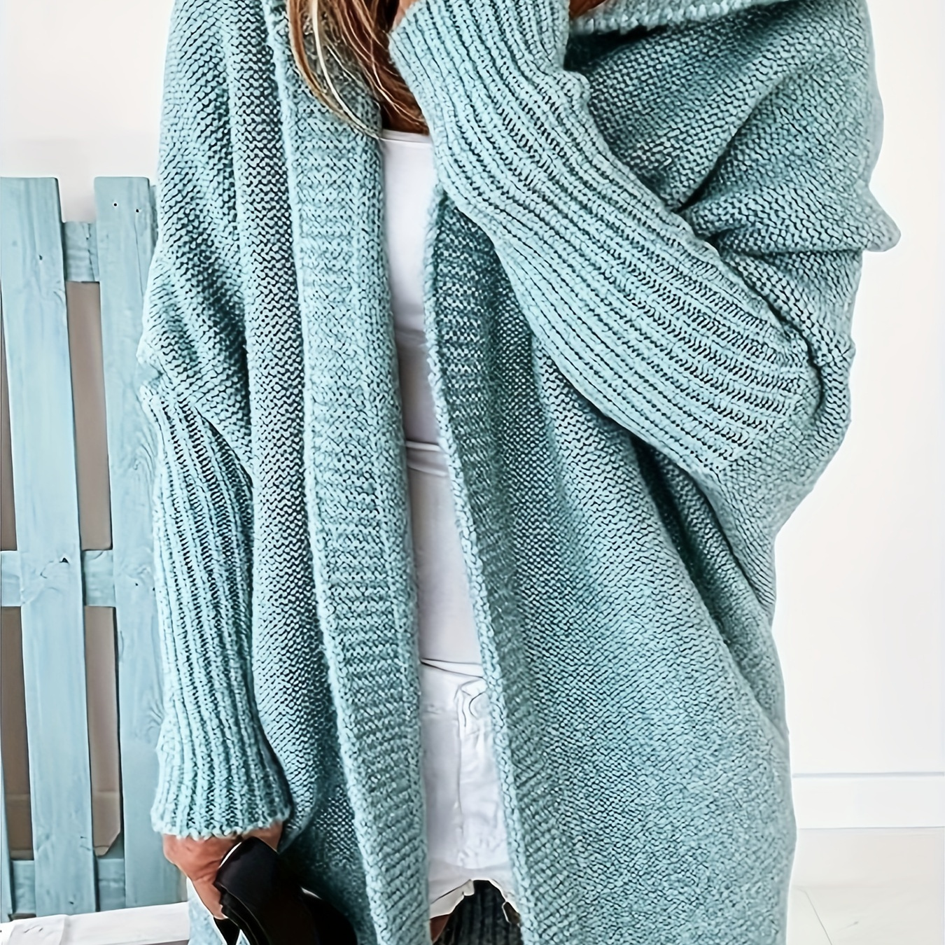 

Cardigan à capuche ouvert de couleur unie, vêtement d'extérieur polyvalent en tricot ample à manches longues pour le printemps et l'automne, vêtements pour femmes