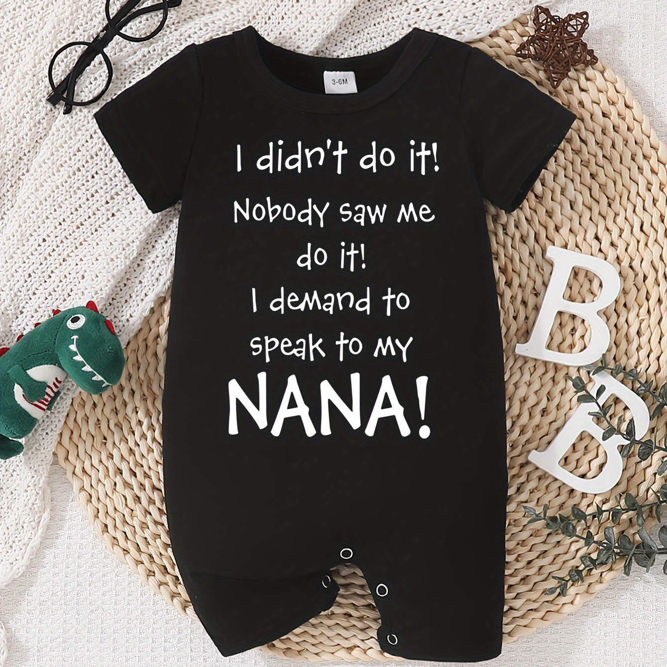 

Baby's "speak To My Nana" Print Bodysuit, Casual Short Sleeve Romper, Toddler & Infant Boy's Clothing