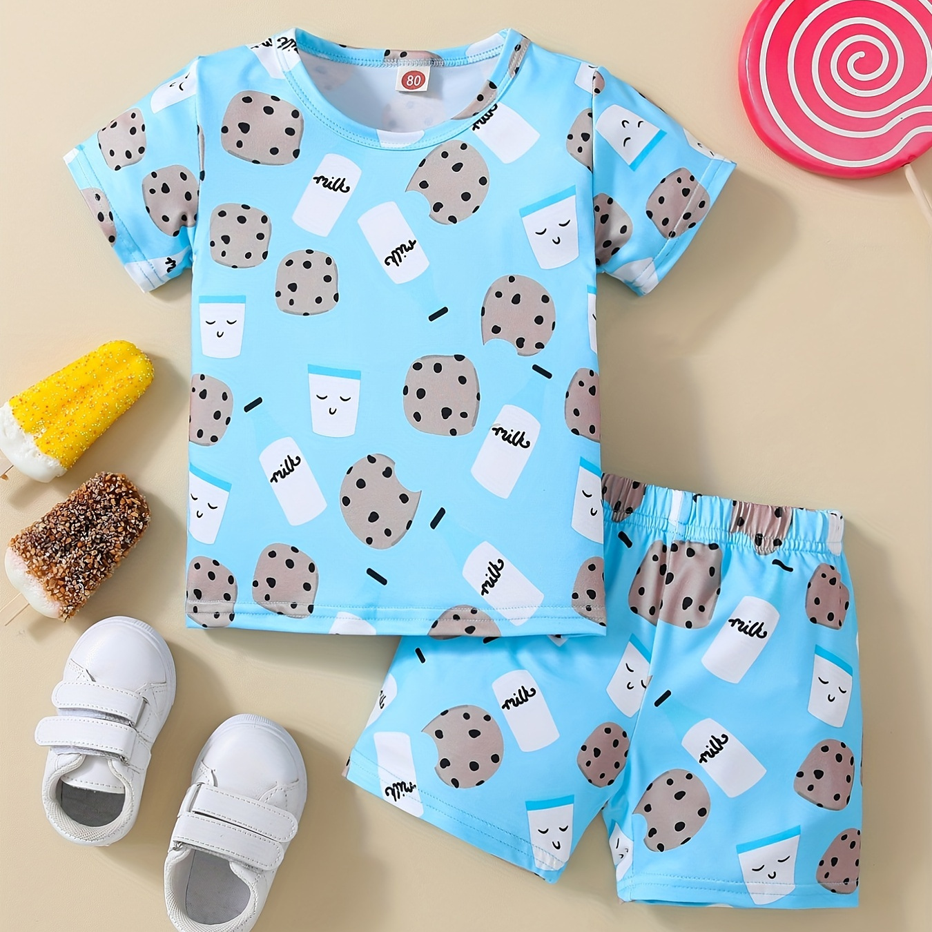 

Boys Cartoon Biscuit And Milk Outfit Shorts & T-shirt Short Sleeves Crew Neck Casual Summer Kids Clothes