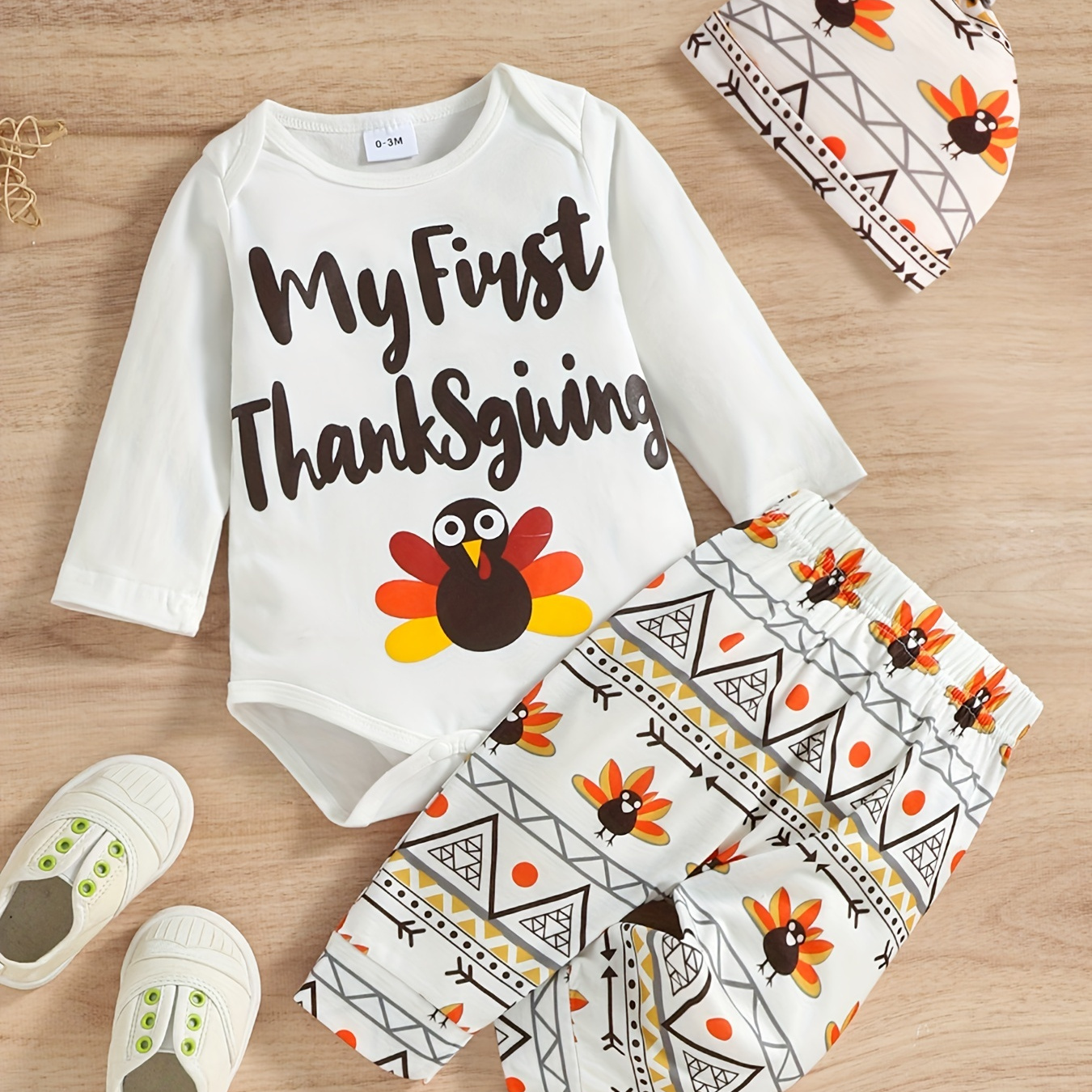 

3pcs/set, Thanksgiving Day Baby Boy Long Sleeve Letter & Turkey Print Romper Trousers Hat Set