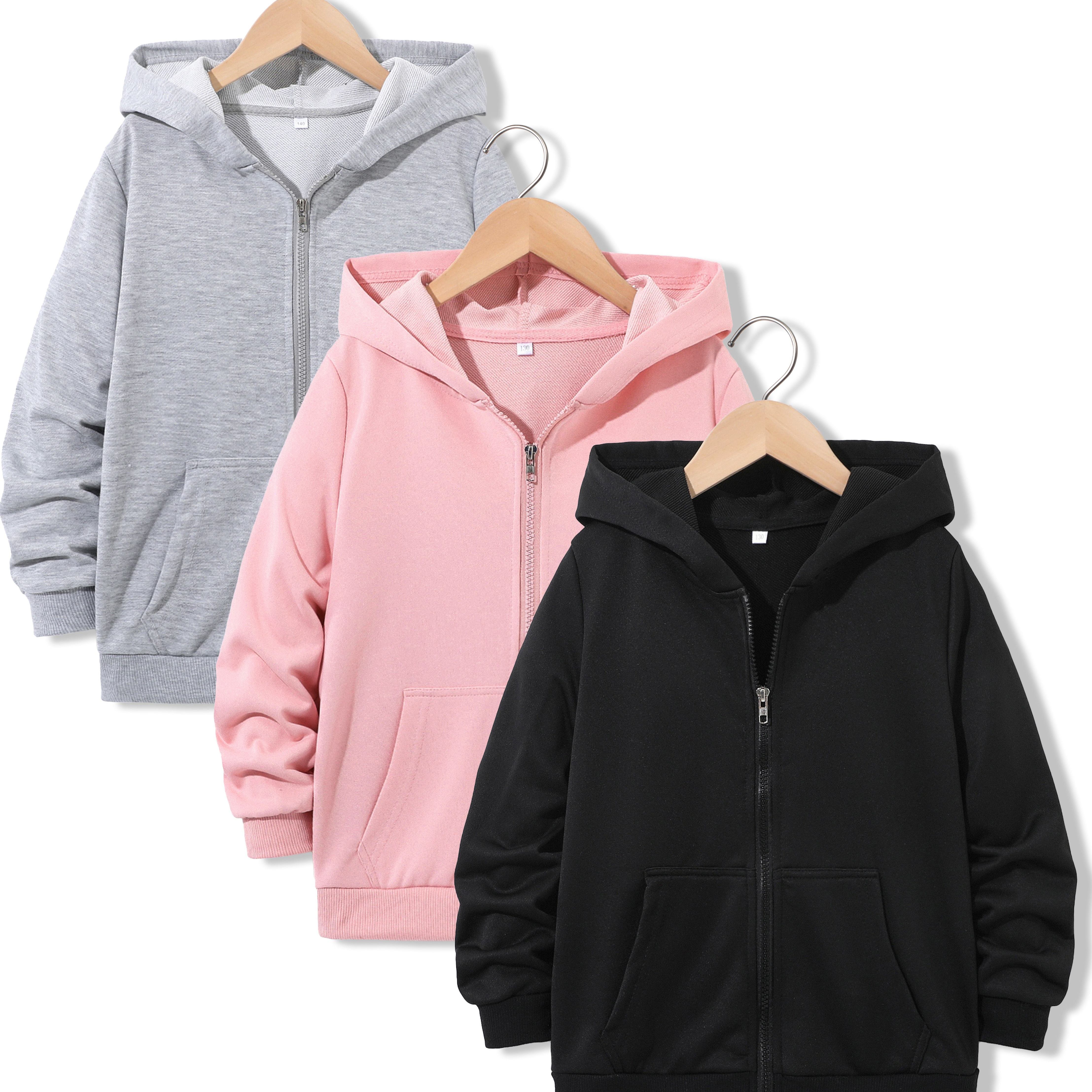 

3pcs Kid's Comfy Hooded Jacket, Solid Color Zipper Hoodie, Girl's Clothing