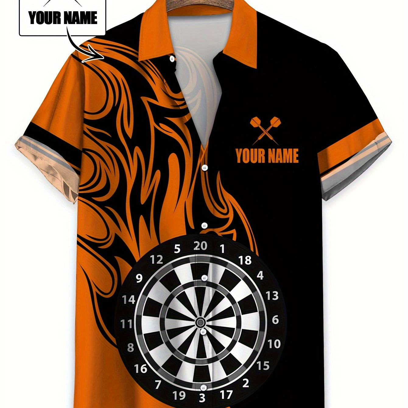 

Customizable Men's Darts Shirt - Personalized Name & Photo, Casual Hawaiian Style Short Sleeve With Dartboard Print, Button-up Collar, Black/orange/, Summer , Custom Hawaiian Shirt