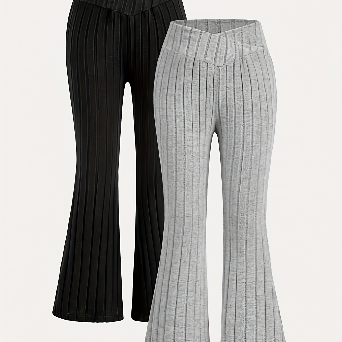 

Girls 2-piece Versatile & Casual Solid Colored Surpliced Waist Ribbed Flared Pants For Spring & Fall