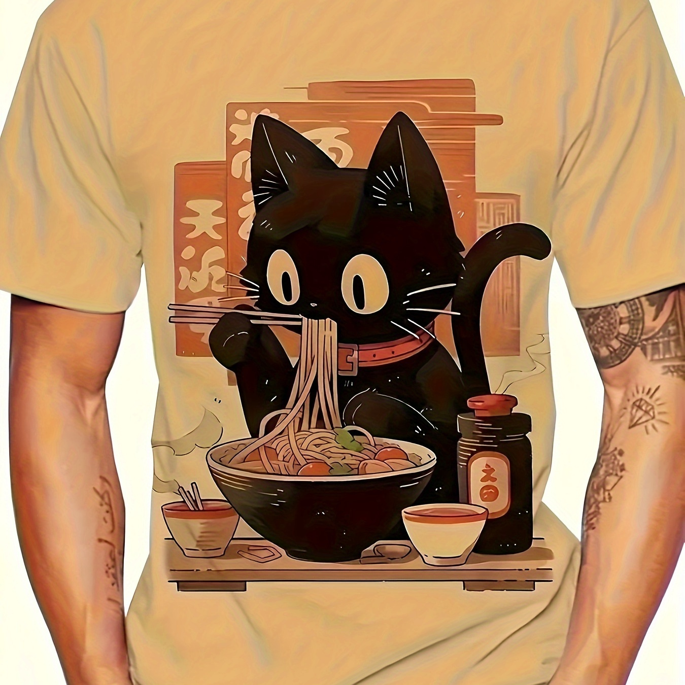 

Men's Casual Summer T-shirt With 3d Cartoon Black Cat Print - Stretchy Polyester, Round Neck, Fashionable & Comfortable For Casual Attire And Vacations