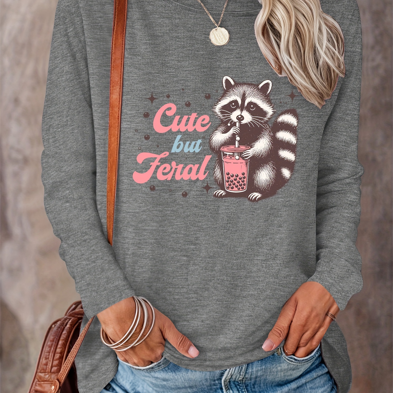 

Letter & Racoon Print T-shirt, Long Sleeve Crew Neck Casual Top For Spring & Fall, Women's Clothing