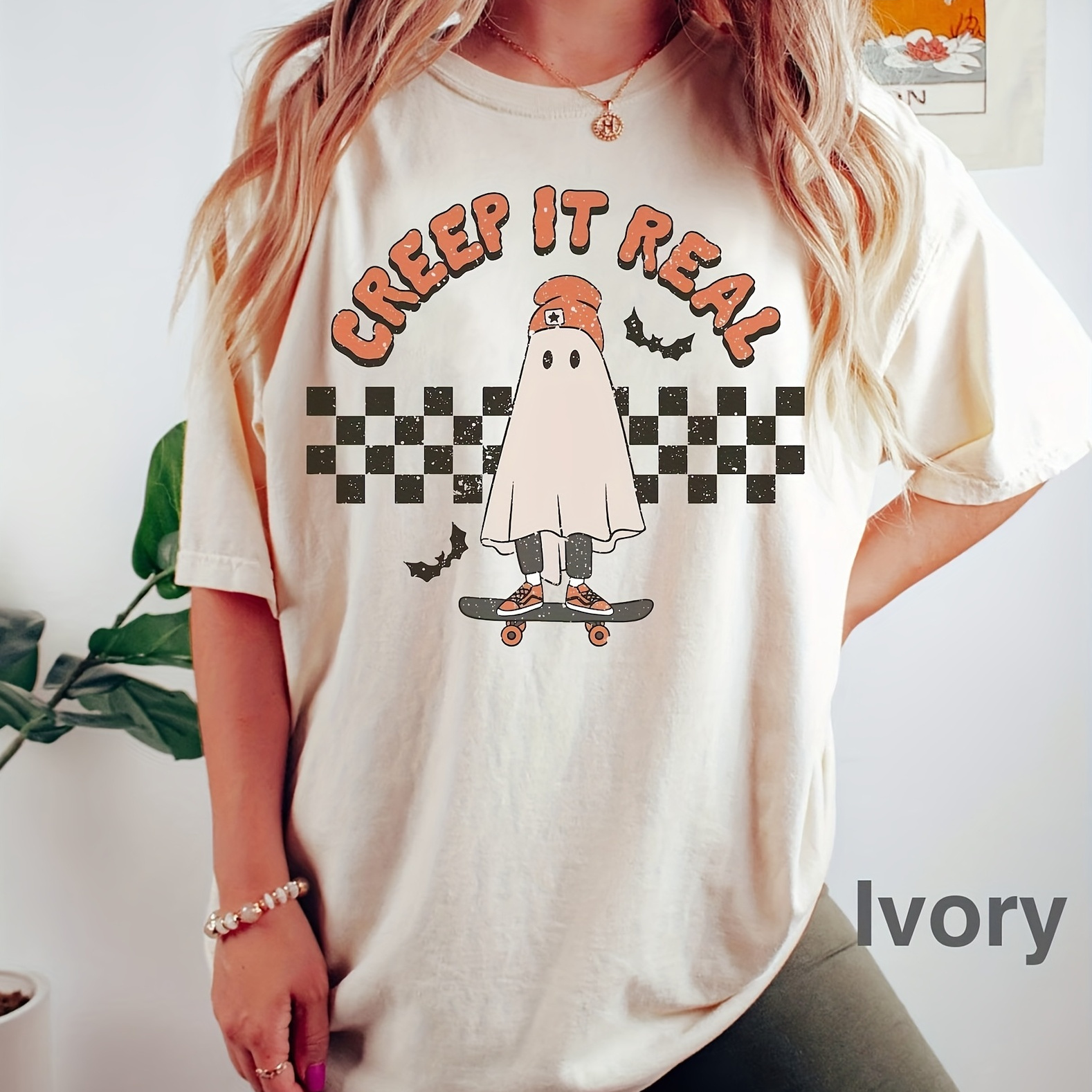 

Halloween Ghost Print T-shirt, Casual Short Sleeve Crew Neck T-shirt For Spring & Summer, Women's Clothing
