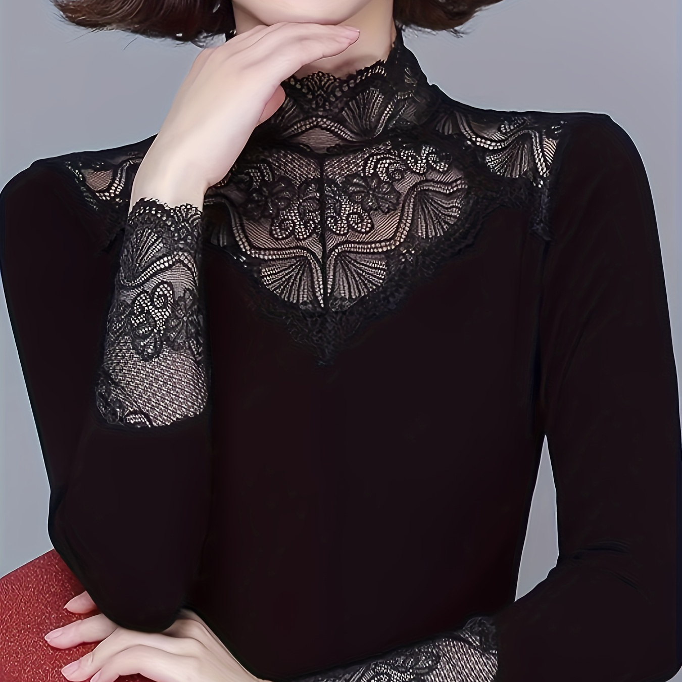 

Elegant Stand Collar Long Sleeve T-shirt With Contrast Lace Detail - Polyester Blend Knit Fabric, Solid Color, Perfect For Spring/fall