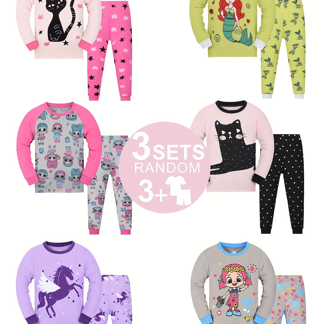 

Random 3 Sets Girl's Cartoon Animal Pattern Long Sleeve Top & Trousers Pajama Set, Comfy & Skin-friendly Pj Set, Girl's Loungewear, As Daily Gift