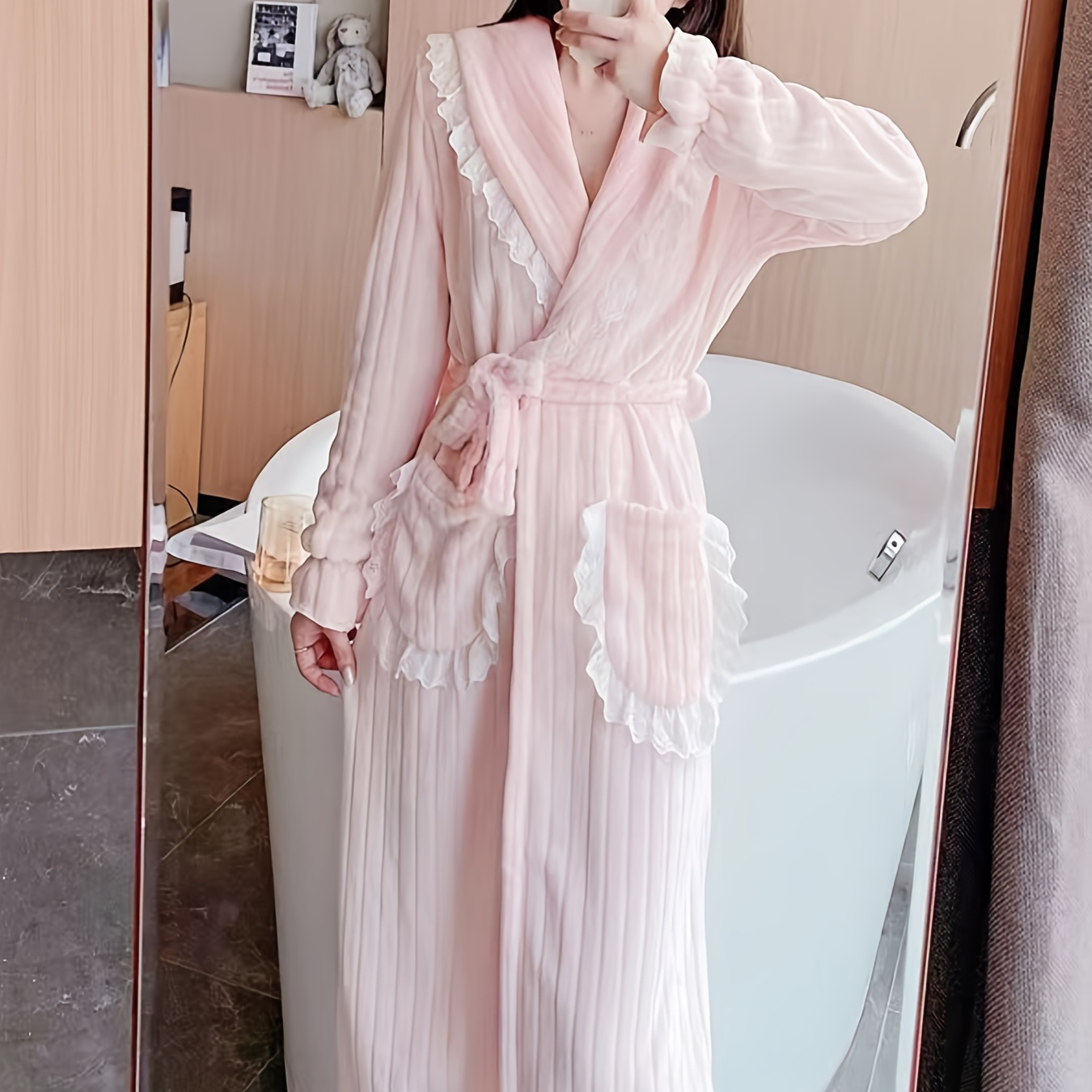 

Elegant Solid Ribbed Lace Trim Fleece Thickened Lounge Robe For Fall & Winter, Long Sleeve Lapel Belted Robe With Pockets, Women's Loungewear & Dresses