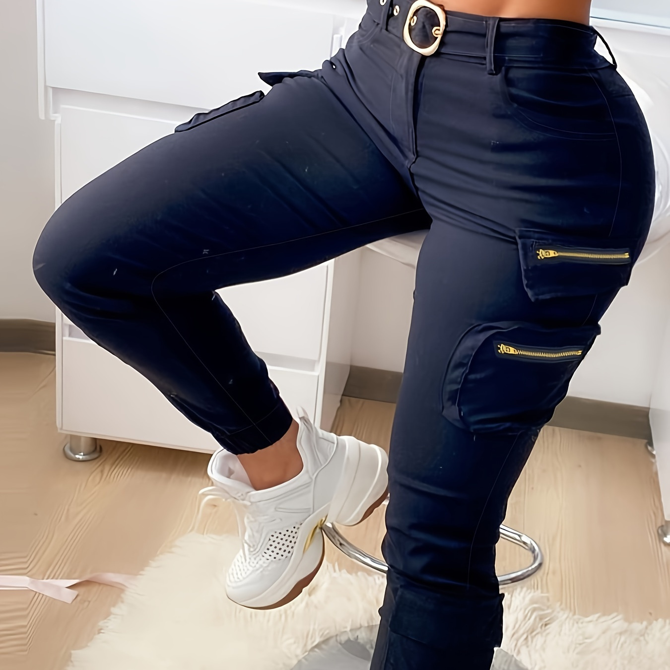 

Fashion] Elegant High-waist Skinny Cargo Pants For Women - Chic Solid Color, Stretch Denim With Zippered Pockets, Breathable Polyester , Casual Wear