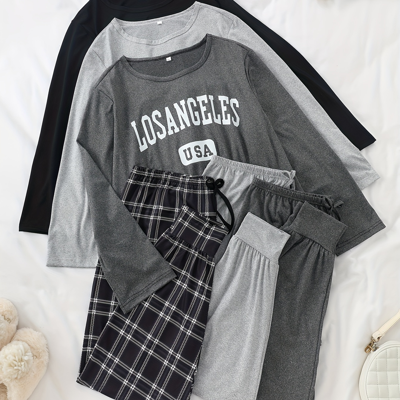 

3 Sets Plus Size Casual Pajama Set, Women's Letter Print Long Sleeve Crew Neck Top & Joggers Loungewear Set For Fall & Winter