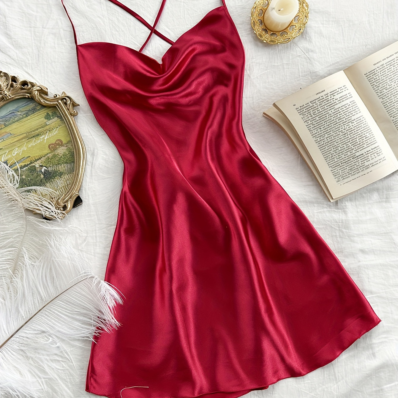 

Women's Sexy Solid Silky Sleepwear Dress, Cowl Neck Backless Strappy Slip Dress, Comfortable Nightgown