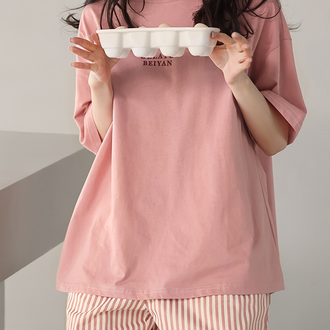 

Women's Stripe & Letter Print Casual Pajama Set, Drop Shoulder Short Sleeve Round Neck Top & Shorts, Comfortable Relaxed Fit