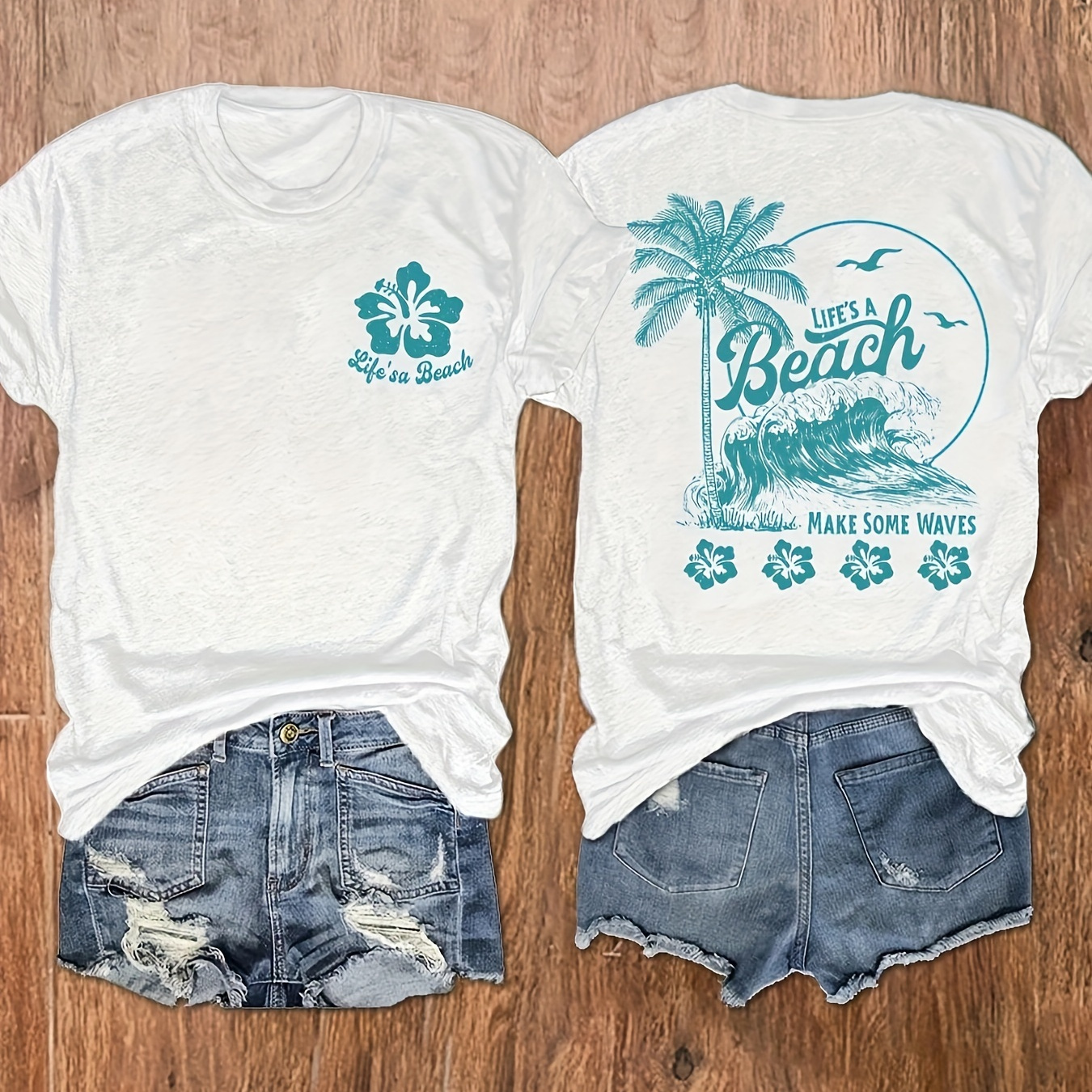 

T-shirt à col rond imprimé surf plage, top décontracté à manches courtes pour l'été et le printemps, vêtements pour femmes