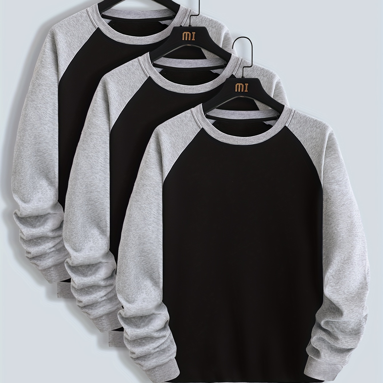 

3pcs Men's Oversized Fashion Causal Crew Neck Sweatshirt, Contrast Color Raglan Sweatshirt For Spring/autumn, Men's Clothing, Plus Size