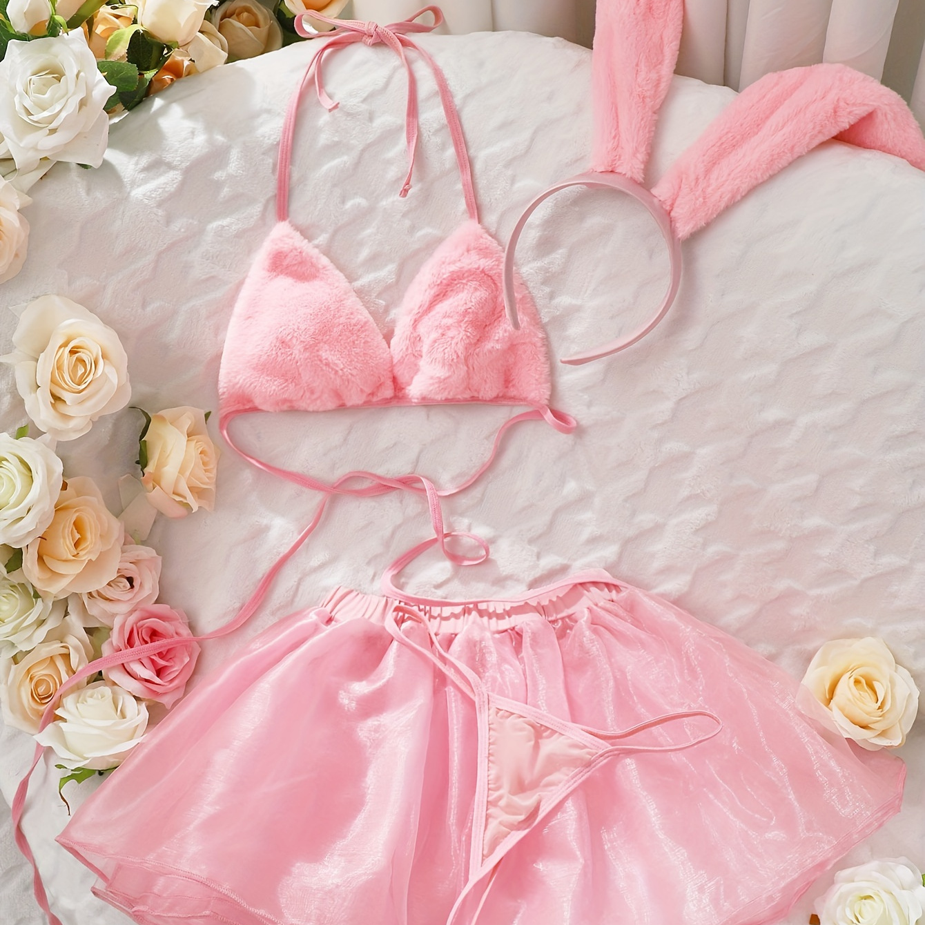 

Kawaii Bunny Role Play Costume, Plush Halter Triangle Bra & Mesh Overlay Skirt & Thong & Headband, Women's Sexy Lingerie & Underwear