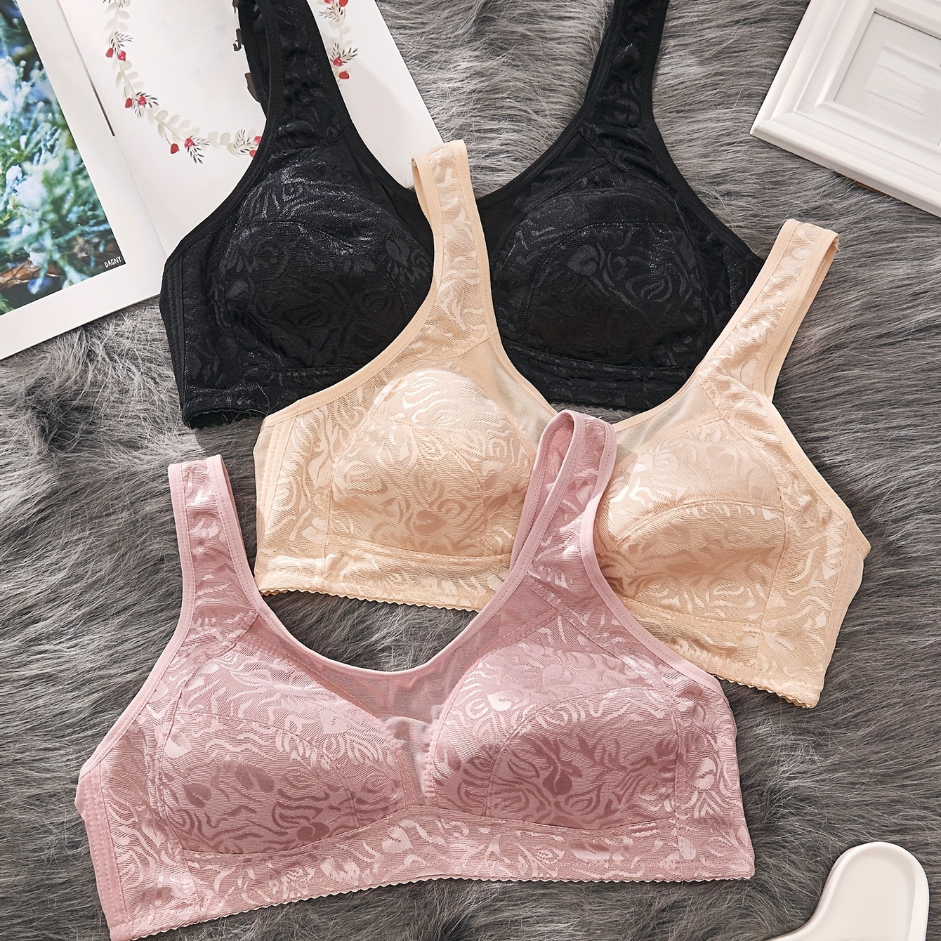 

3pcs Size Lace Bra Set - Comfortable No-underwire Full Coverage Bras With Back Closure, Breathable Knitted Fabric, Non-removable Pads, Solid Color